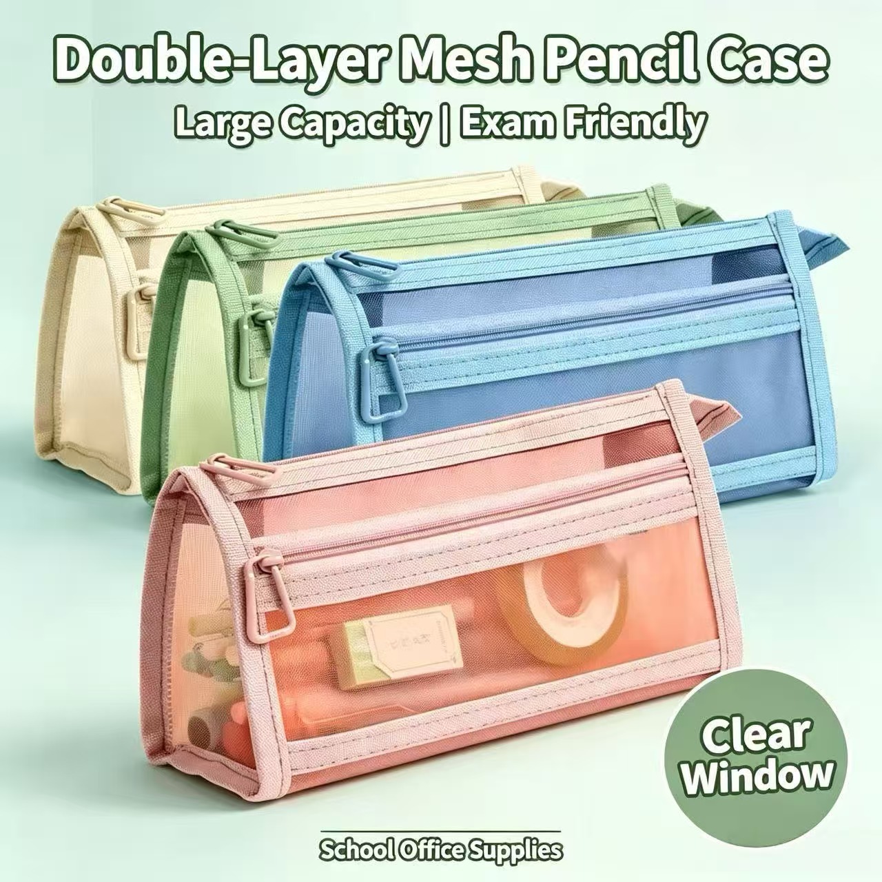 Clear Mesh Pencil Pouch For Exam - حافظة أقلام شبكية شفافة مزدوجة الطبقات،