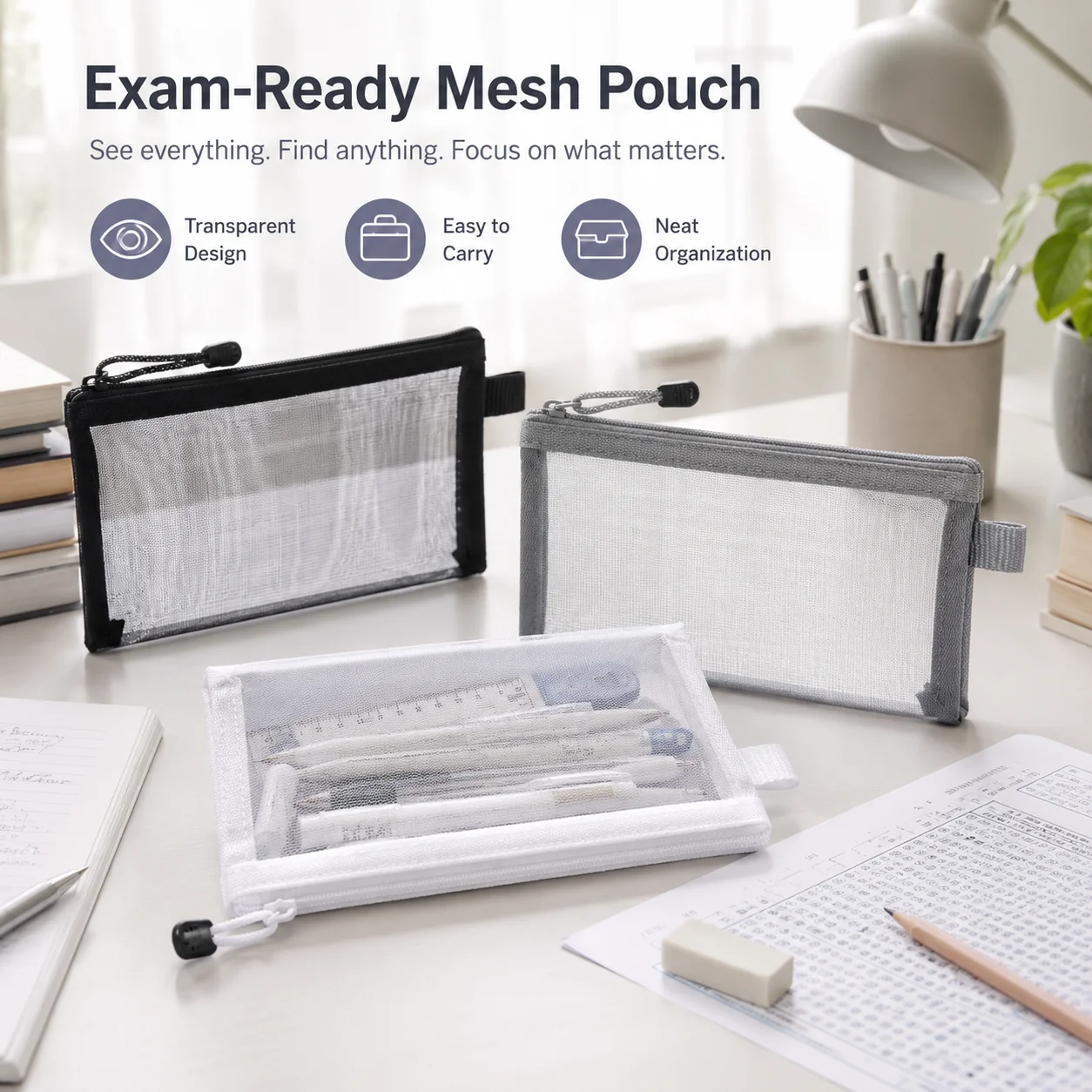 Clear Mesh Pencil Pouch For Exam - حقيبة أقلام شبكية شفافة، حافظة أقلام