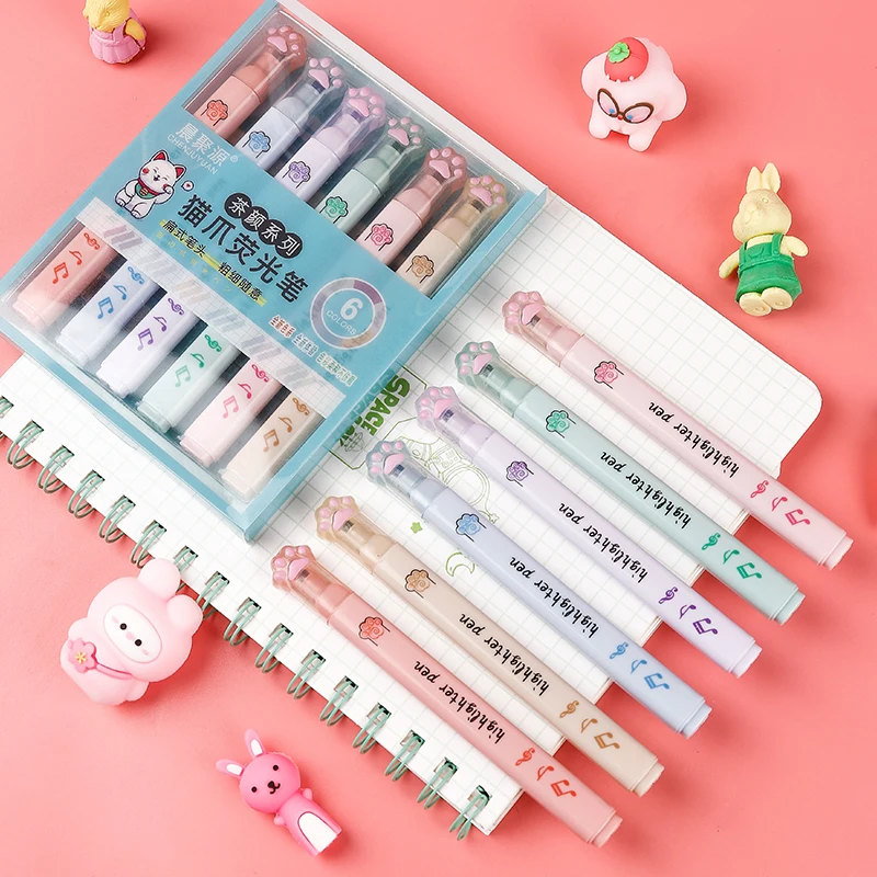 Pastel Highlighter Set Double Ended - 6 قطعة/الحزمة Kawaii القط مخلب الباستيل